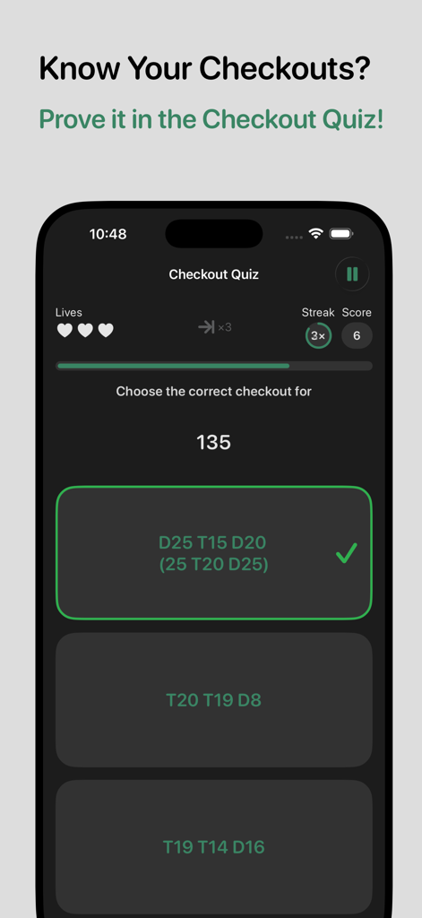 Darts Checkout Scorer - A mobile app screen showing a darts checkout quiz where the user selects the correct combination of throws for a score of 135