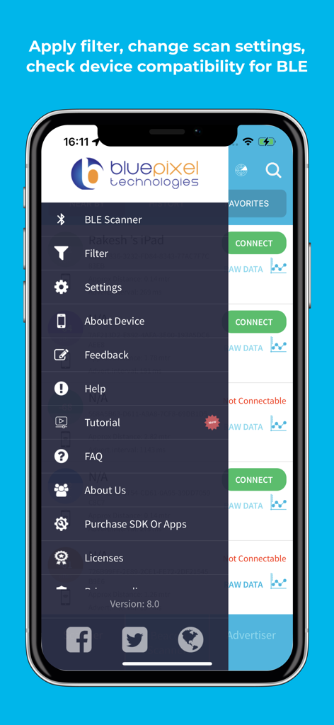 BLE Scanner 4.0 - BLE Scanner 4.0 앱의 iPhone에 설정 및 필터가 표시되는 측면 탐색 메뉴.