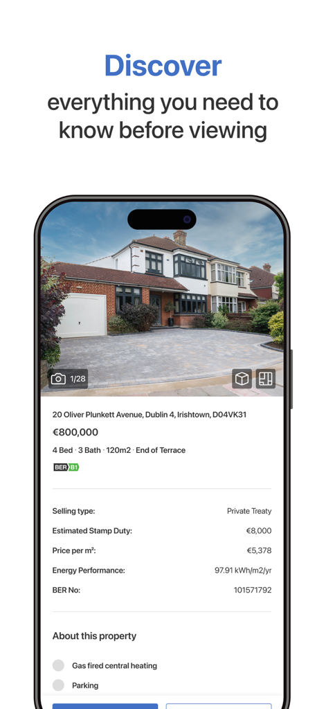 Una pantalla de teléfono móvil que muestra un anuncio de propiedad en la app Daft.ie con precio y detalles de la casa.