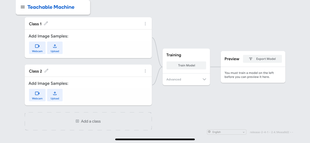 Interface do aplicativo Teachable Machine mostrando um fluxo de trabalho para treinar modelos de classificação de imagem
