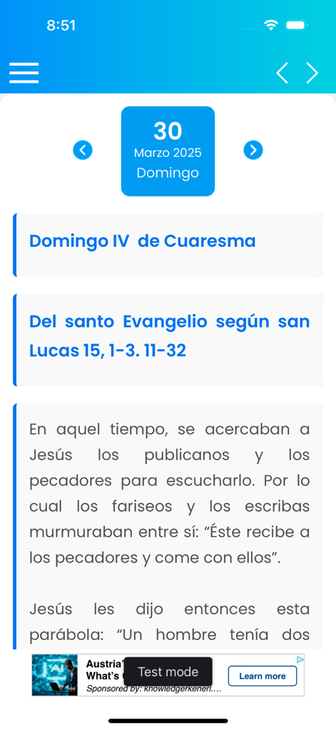 Evangelio del dia Explicado - Interfaccia dell'app mobile che mostra la lettura del Vangelo del giorno in spagnolo per la quarta domenica di Quaresima.