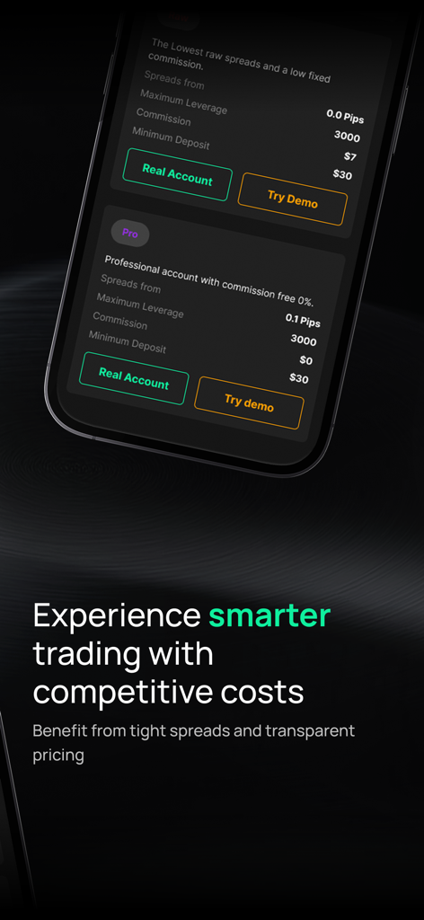 IUX: Online Trading - A comparison of Raw and Pro trading account types in the IUX app showing low spreads and competitive leverage options