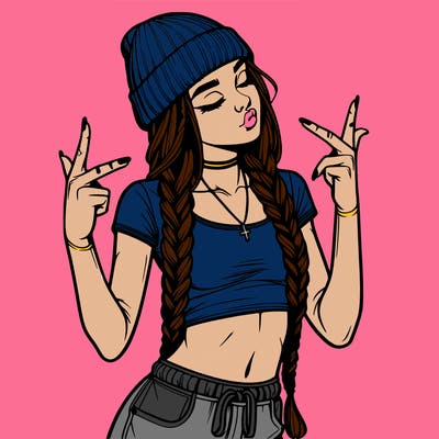 realistic teenage girl with braids and a beanie and crop top doing 🫶🏼