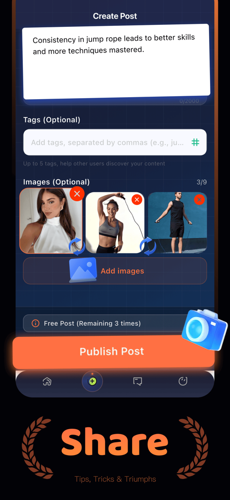 JoKi - Interfaz de la aplicación JoKi que muestra la pantalla de creación de publicaciones para compartir consejos de saltar la cuerda y fotos de entrenamientos con la comunidad.