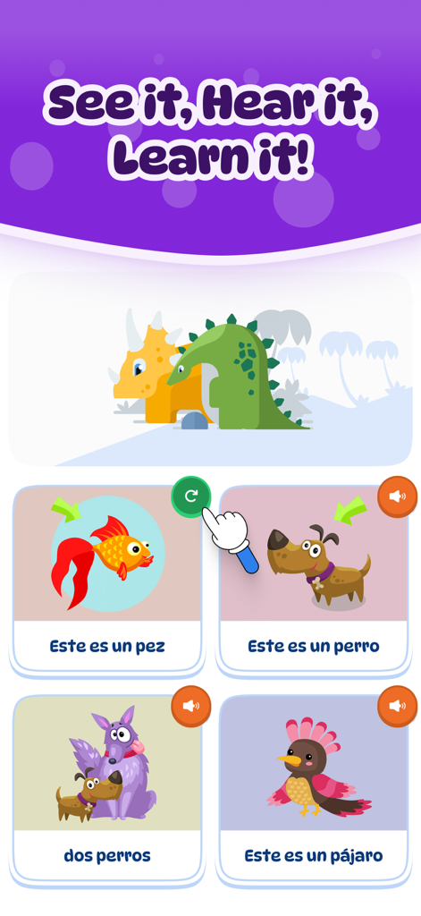 Dinolingo app interface showing interactive Spanish vocabulary cards with animal illustrations for kids