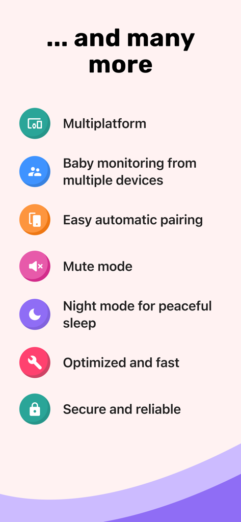 A list of additional features for the Bibino baby monitor app including multiplatform support and night mode