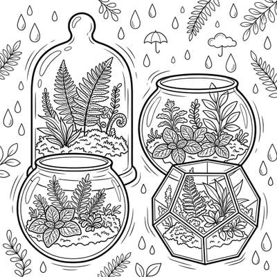 Embrace the tranquility of a rainy day with this delightful coloring page featuring an assortment of lush terrarium plants. Dive into a miniature world of greenery, offering a perfect artistic escape from the weather outside.