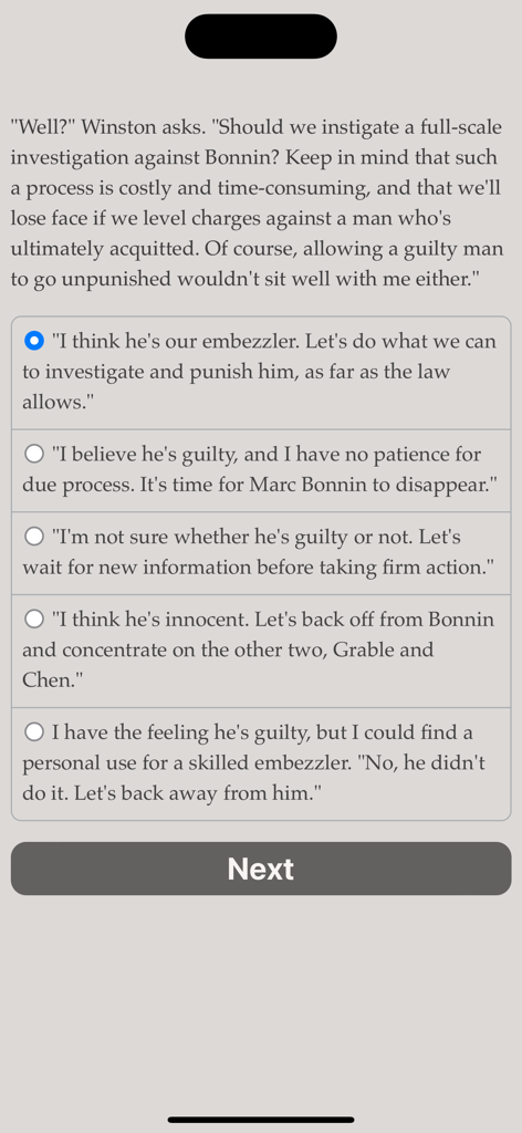 A text based decision menu in the game MetaHuman Inc showing corporate strategy options regarding an embezzlement investigation