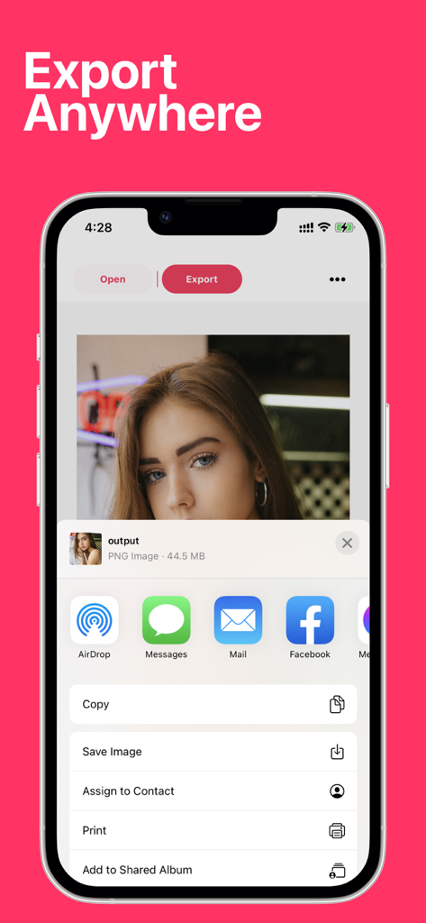 Blemish Remover app export screen showing sharing options on an iPhone