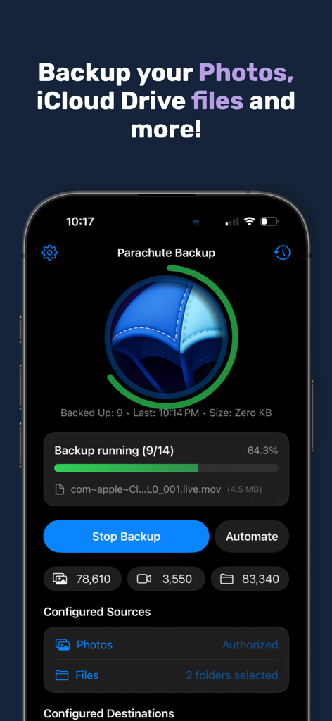 Parachute Backup Mobile - Oberfläche der Parachute Backup Mobile App, die ein laufendes Backup von iCloud-Fotos und -Dateien mit Dateizählern zeigt