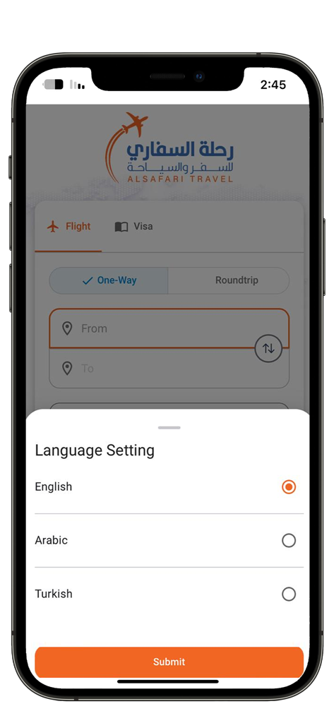 Al Safari 旅行予約アプリのインターフェイス。英語、アラビア語、トルコ語のオプションが表示された言語設定。