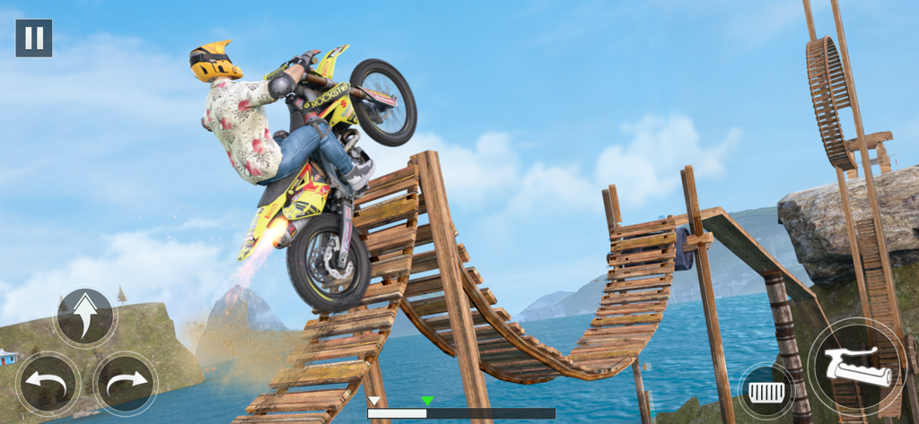 Bike Stunt 3D Race Bike Games - Um piloto de acrobacias de moto realizando um salto em uma rampa de madeira sobre a água em Bike Stunt 3D.