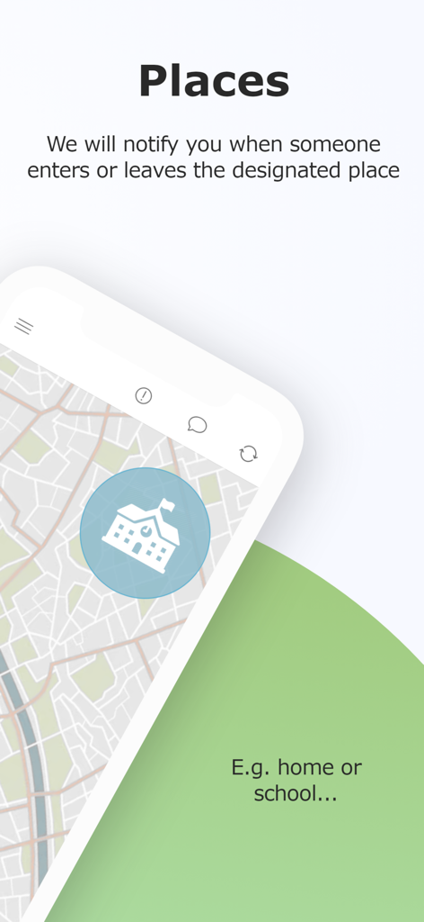 Family locator app interface showing geofencing notifications for designated places like school