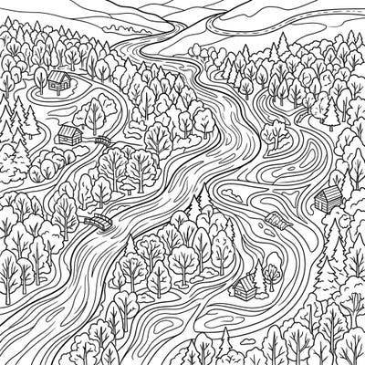 Soar above a breathtaking autumn forest with this unique aerial view coloring page. Perfect for capturing the season's vibrant beauty from a fresh perspective.