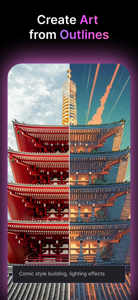 MyEdit: AI Photo Generator - 日本の五重塔のリアルな写真と、AI生成されたコミック風イラストを比較した分割画面。