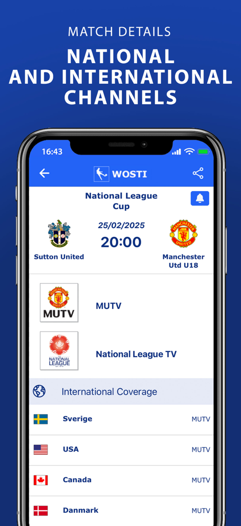 WOSTI Sports TV - WOSTI Sports TV app showing soccer match details and international channel listings