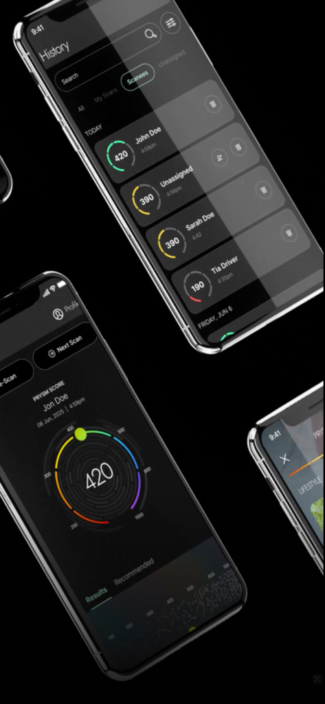 Nu Skin Prysm iO - Interface of the Nu Skin Prysm iO app displaying personalized wellness scores and history tracking