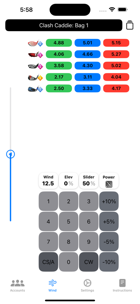 Clash Caddie - Interfaz de la aplicación Clash Caddie mostrando el teclado de entrada de viento y los cálculos de anillos de palos para Golf Clash