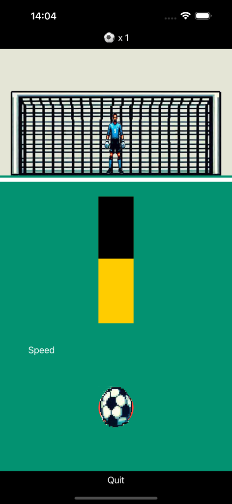 Football Goal Keeper Fantastic - Retro pixel art soccer game showing a penalty shootout with a goalkeeper and speed bar