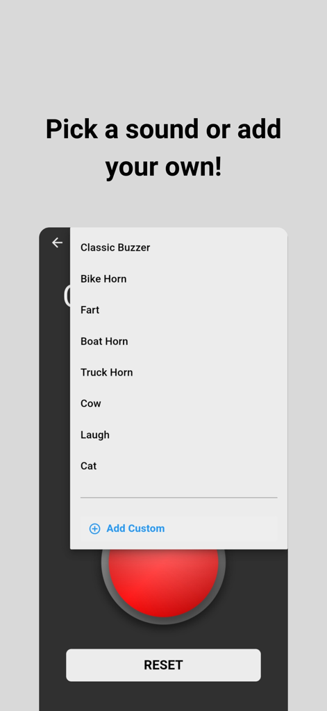 Buzzer connect - Menú de la aplicación Buzzer Connect para elegir y agregar sonidos de juego personalizados.