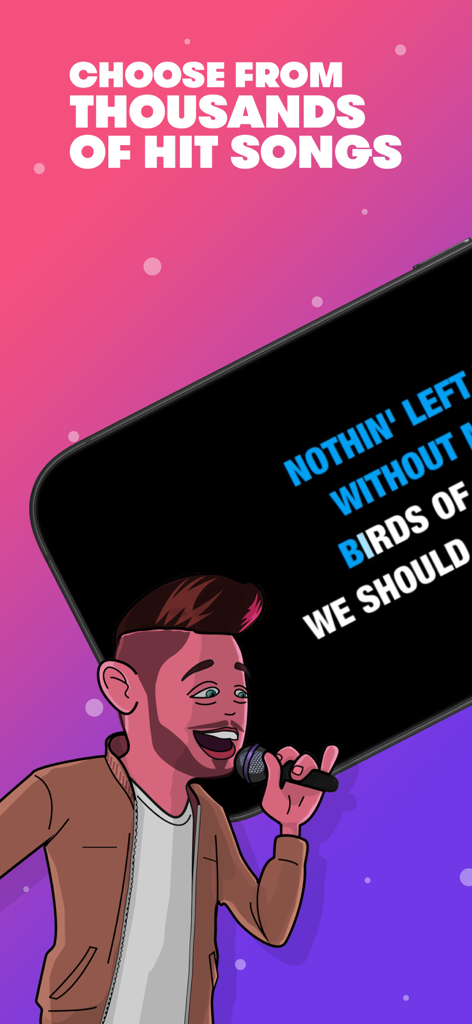 Stingray Karaoke Party - Cartoon man singing with karaoke lyrics on a mobile screen