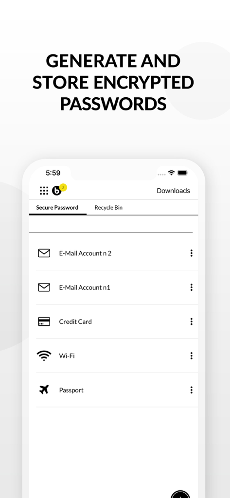 Boolebox - Interfaccia dell'app Boolebox che mostra un gestore di password sicuro con voci per account email, carte di credito e documenti sensibili