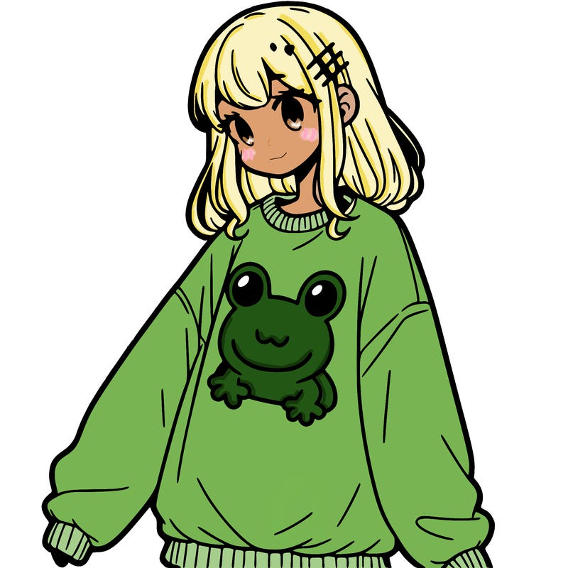 girl wearing frogging sweatshirt
