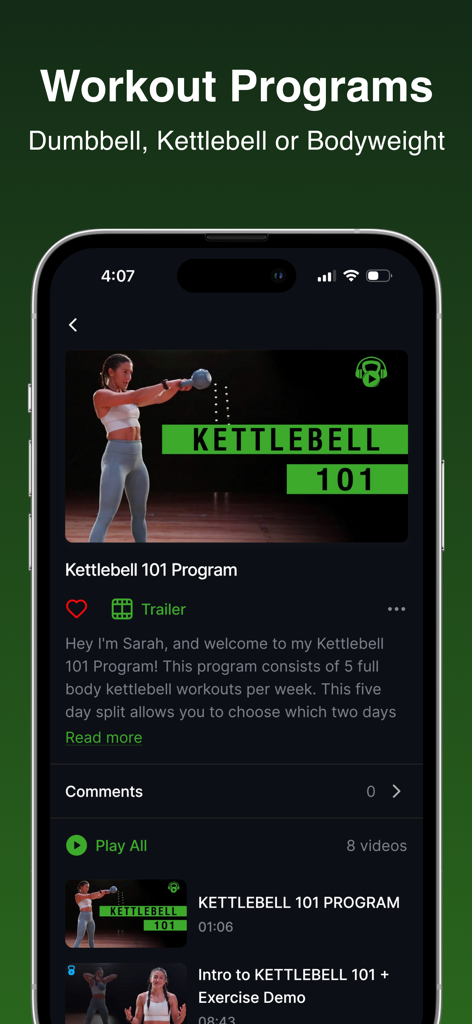 Tabata Songs Plus - Kettlebell 101 Workout Program screen in Tabata Songs Plus app