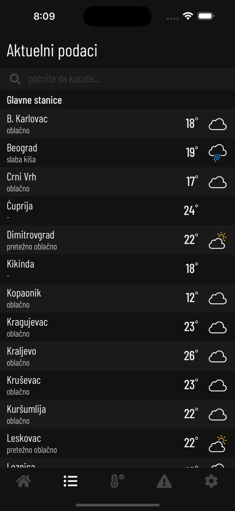 Vreme u Srbiji - Écran de données météo actuelles dans l'application Vreme u Srbiji montrant les températures et les icônes pour diverses villes serbes en mode sombre