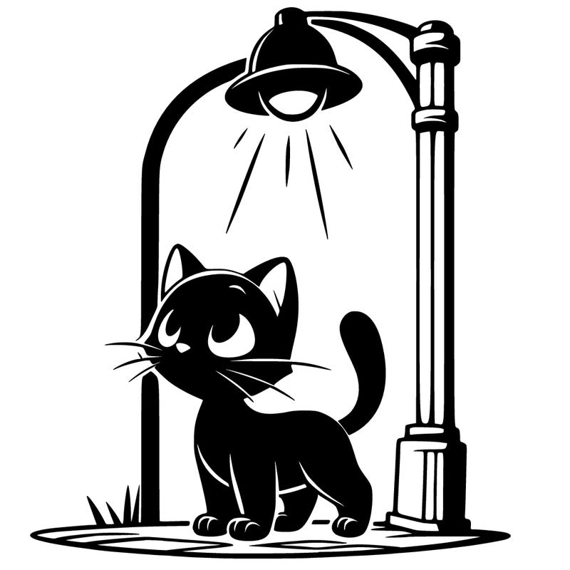 small black cat under a street lamp in pixar studio style