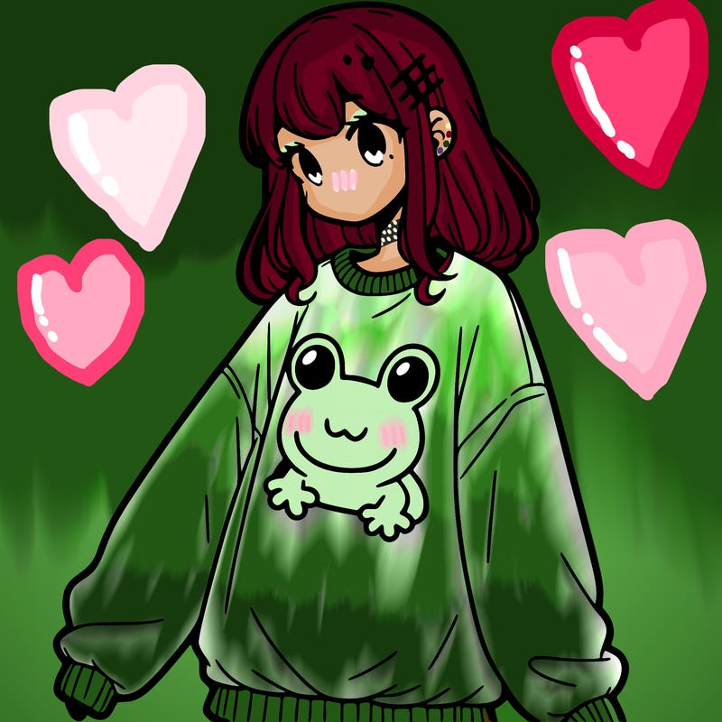 girl wearing frogging sweatshirt