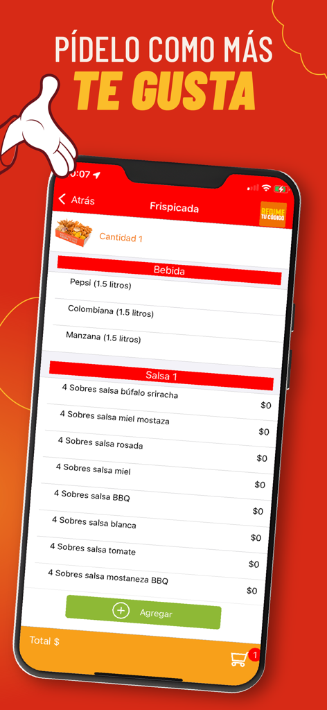 Frisby - Interfaccia dell'app mobile Frisby che mostra le opzioni di personalizzazione per una Frispicada, inclusi bevande e salse.