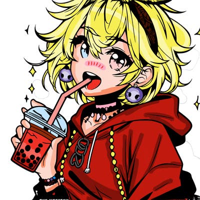 hot baddie anime girl drinking boba and biting the straw