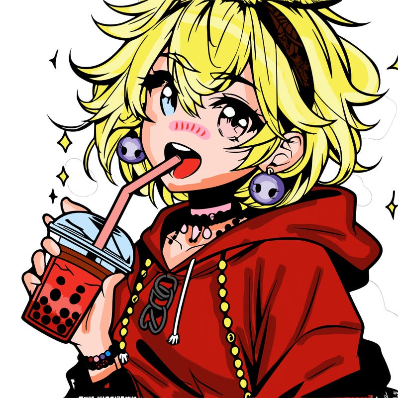 hot baddie anime girl drinking boba and biting the straw