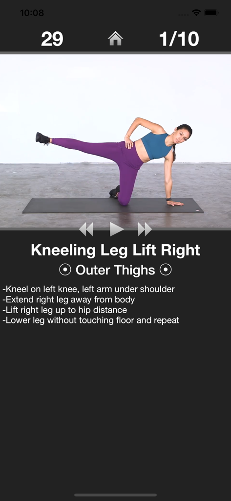 Daily Leg Workout - Daily Leg Workout app interface showing a woman demonstrating a kneeling leg lift exercise for outer thighs with written instructions.