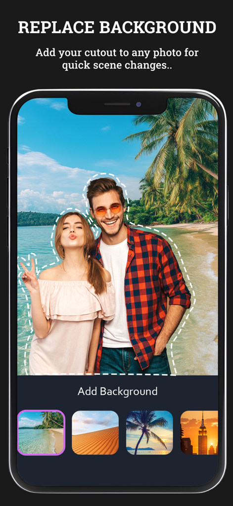 Photo Cut Paste - A mobile app interface showing a couple cutout against a tropical beach background with various scene options.