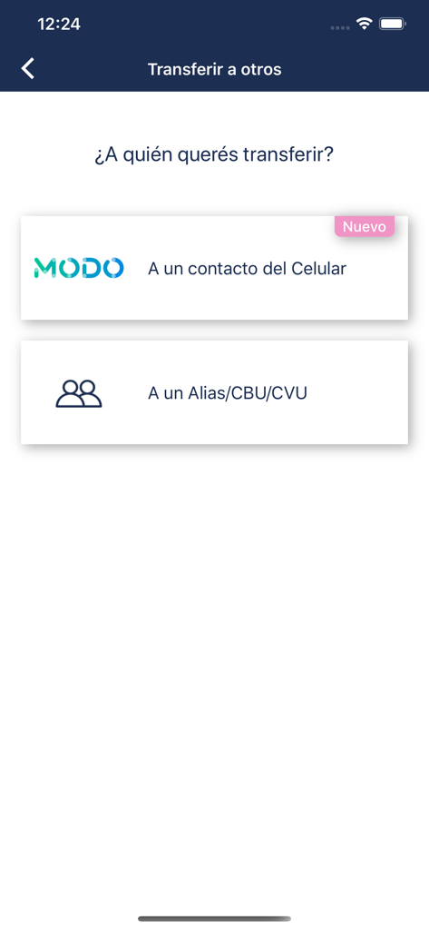 Banco Macro app screen for selecting money transfer recipients via phone contacts or bank identifiers like CBU and CVU
