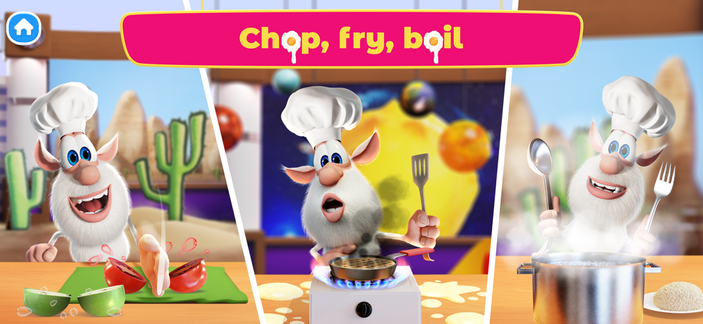 Booba Kitchen: Cooking Food - Booba the chef character chopping tomatoes frying waffles and boiling a pot of food