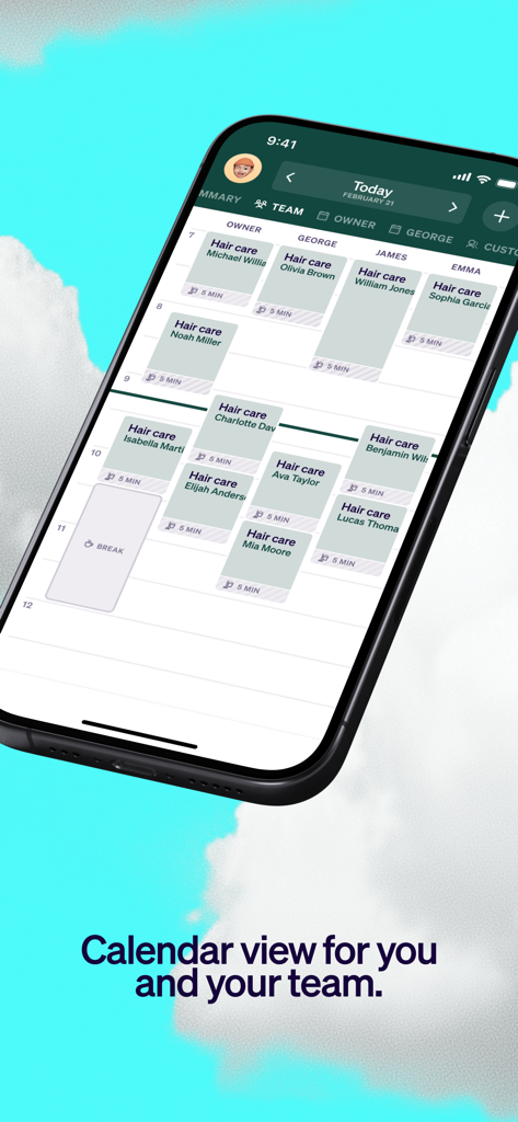 Una pantalla de smartphone que muestra un calendario de equipo de varias columnas para citas de cuidado del cabello en la aplicación de reservas Vev.