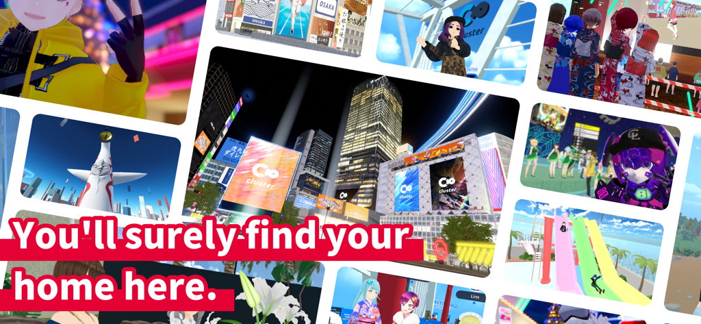 Cluster - Chat, Talk & Game - Clusterメタバースアプリのさまざまな3Dバーチャル環境とアニメアバターのコラージュ。