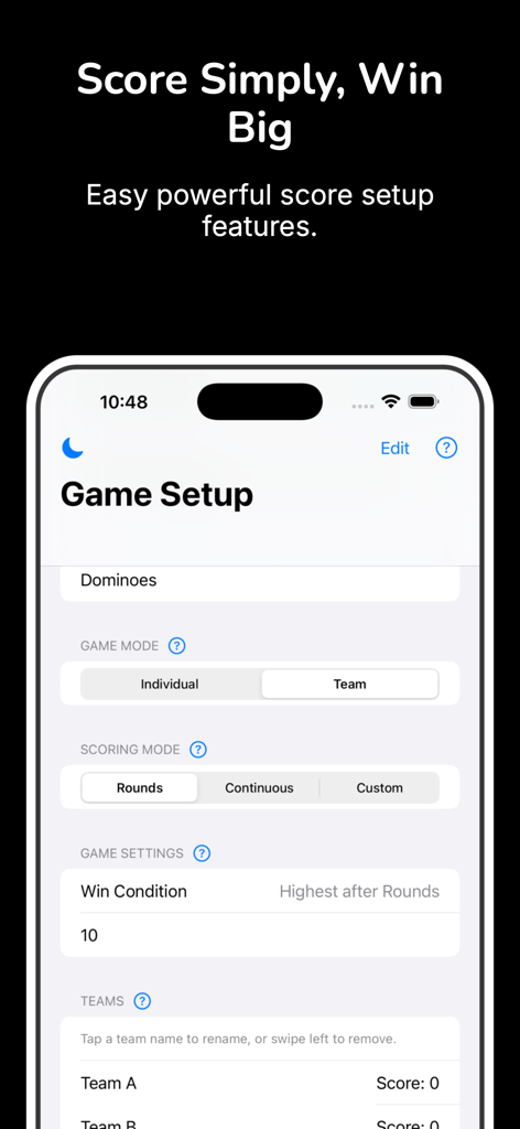 Universal Score Keeper - Universal Score Keeper app game setup screen showing options for game mode scoring mode and win conditions