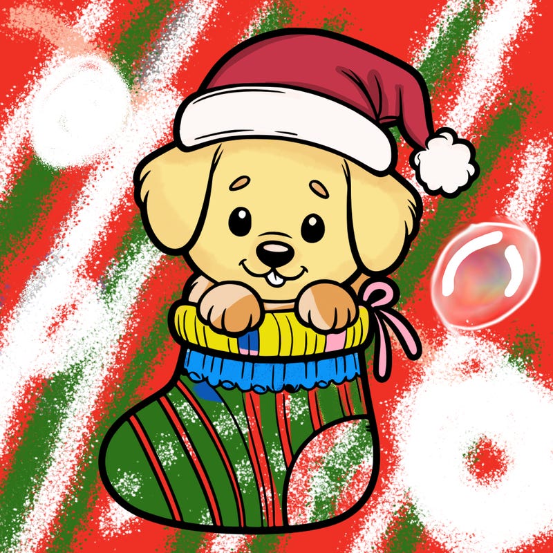 cute puppy wearing santa hat in socking