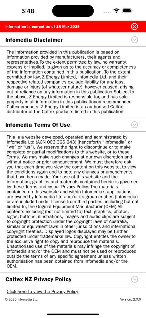 NetLube Caltex New Zealand - NetLube Caltex New Zealand app screen showing legal disclaimer and terms of use