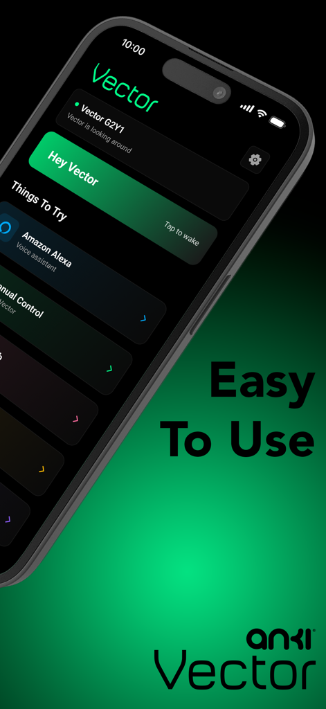 Vector Companion Robot - Vector Companion Robot app interface showing control options and Alexa integration on a smartphone