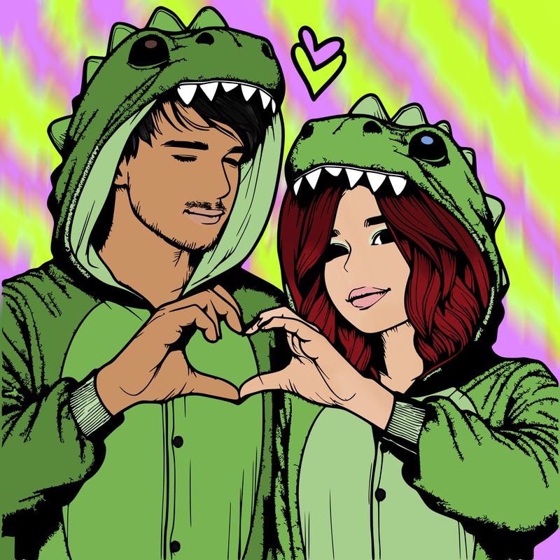 realistic couple wearing matching dinosaur onesies with heart hand gesture