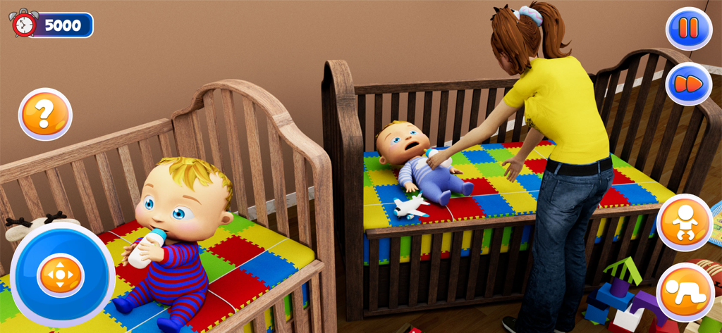 Eine virtuelle Mutter kümmert sich um zwei Babys in Kinderbetten in einem bunten Kinderzimmer-Simulationsraum