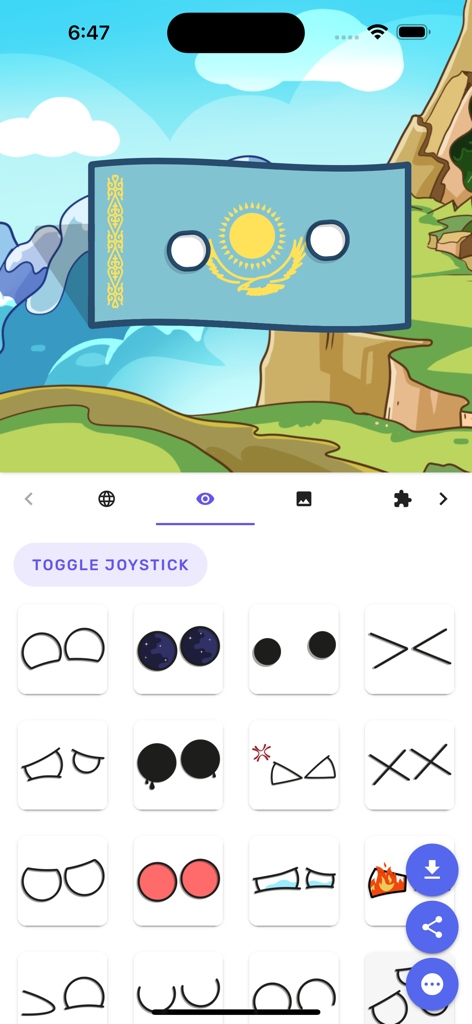 Countryballs Stickers - A screenshot of the Countryballs Stickers app editor showing a Kazakhstan character and a menu of different eye expressions.
