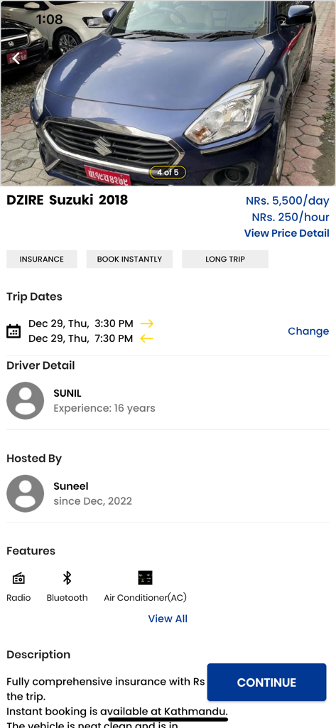 Sajilo Rental - Écran de l'application Sajilo Rental montrant les détails d'une réservation de voiture Suzuki Dzire 2018 au Népal.
