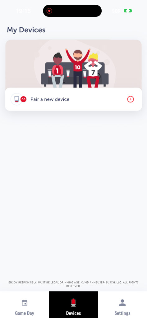 Budweiser Sports App - The My Devices screen of the Budweiser Sports App showing a button to pair a new device and an illustration of fans cheering on a couch.