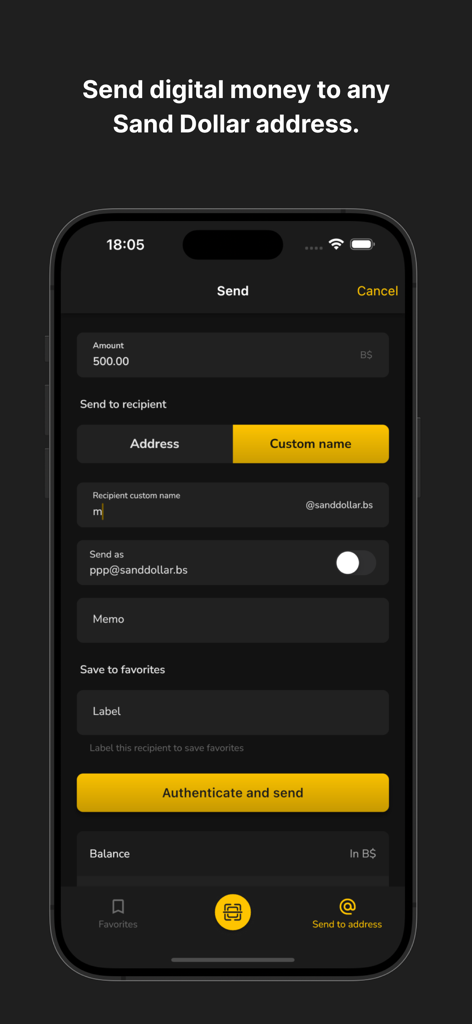 SandDollar - SandDollar mobile app interface for sending digital Bahamian dollars to a custom recipient name